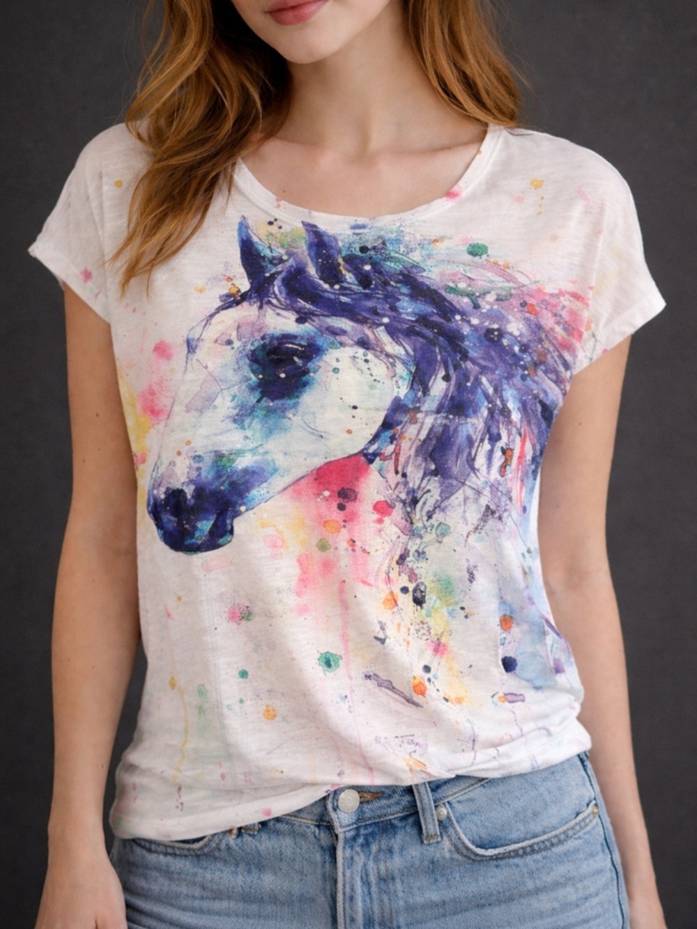 White Watercolor Horse Graphic Tee - Women- see measurements - no size tag